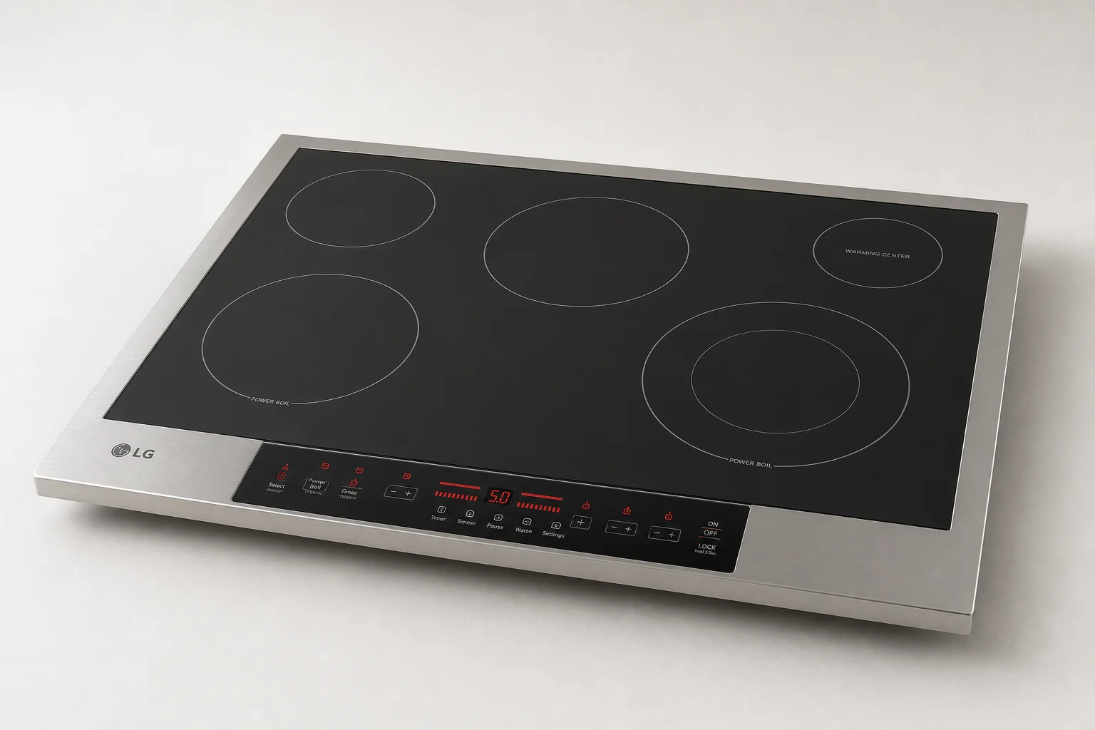 Five electric cooktops displayed in a line showing different designs and finishes
