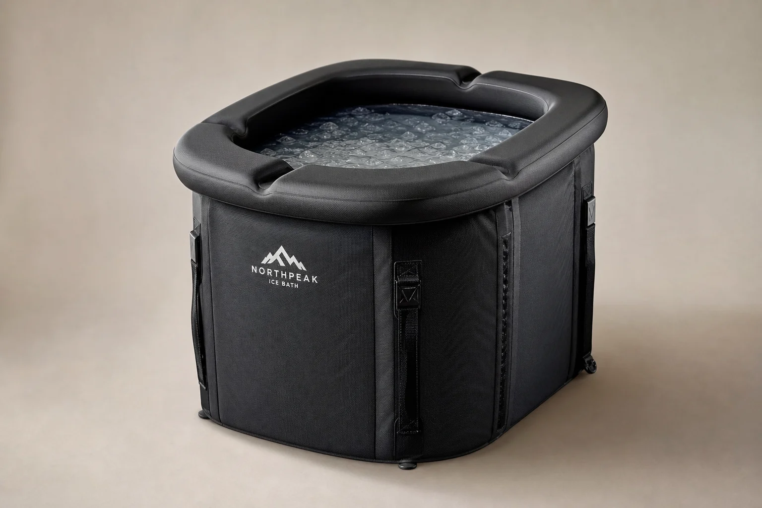 Five cold plunge tubs arranged by size on neutral backdrop