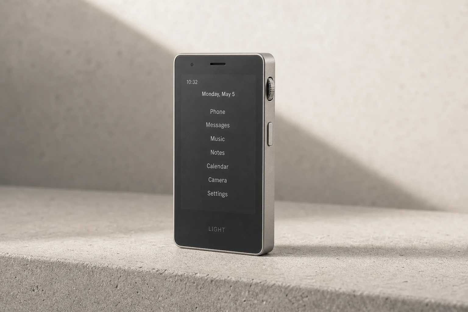 放在霧面混凝土表面上的 Light Phone III，展示其鋁合金機身與霧面螢幕