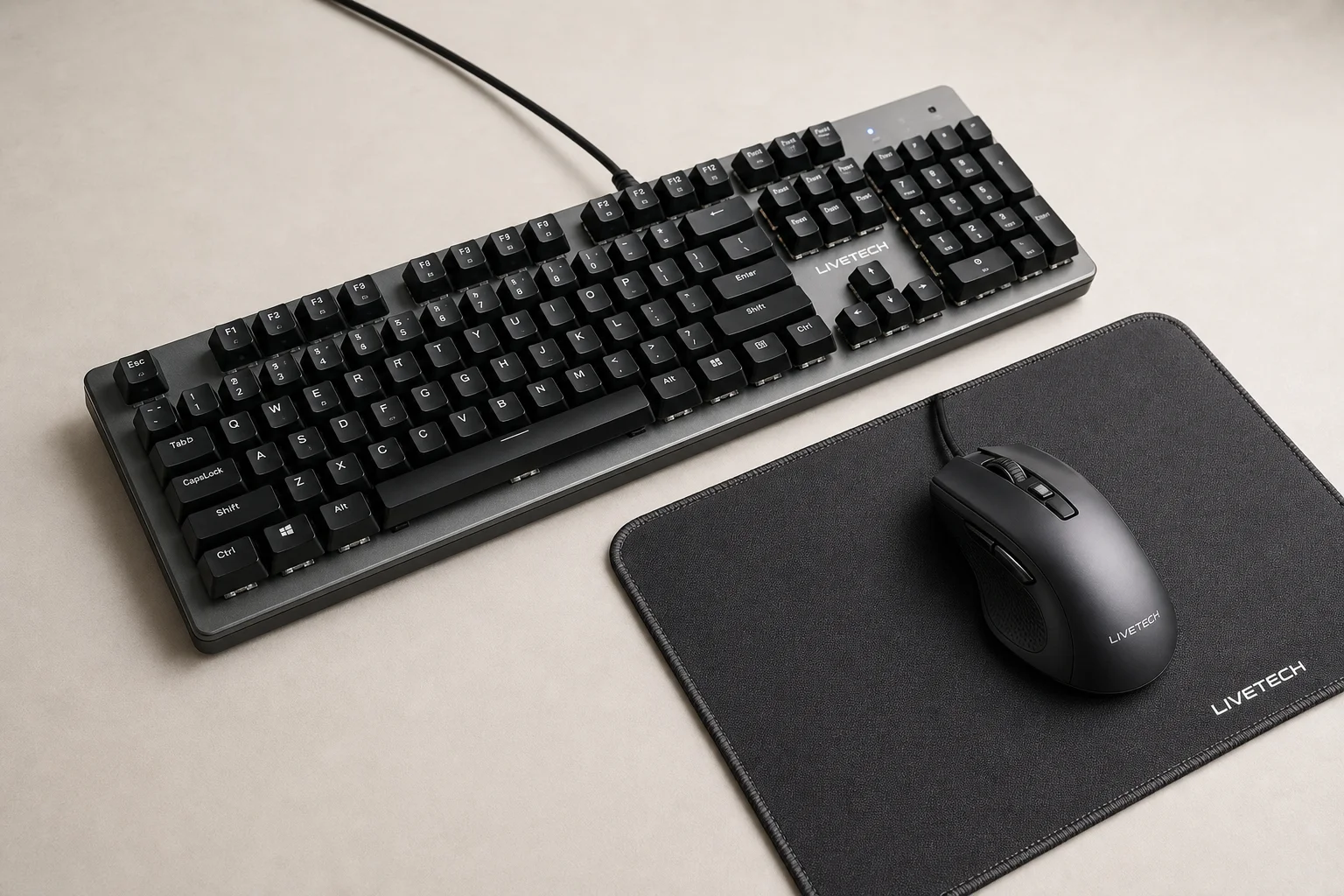 Eight gaming keyboard-mouse combos displayed on concrete surface showing various designs and colors