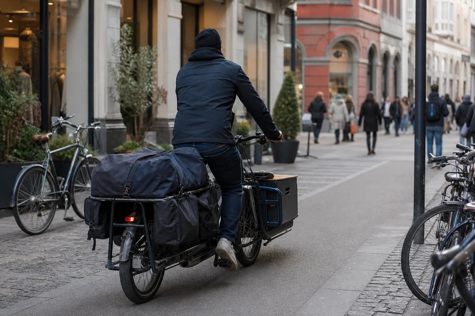 Urban cyclist riding an e-cargo bike through a city street with shops and pedestrians