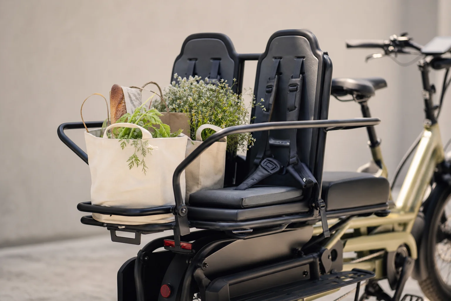 Close-up of cargo racks and child seats on an e-cargo bike loaded with shopping bags