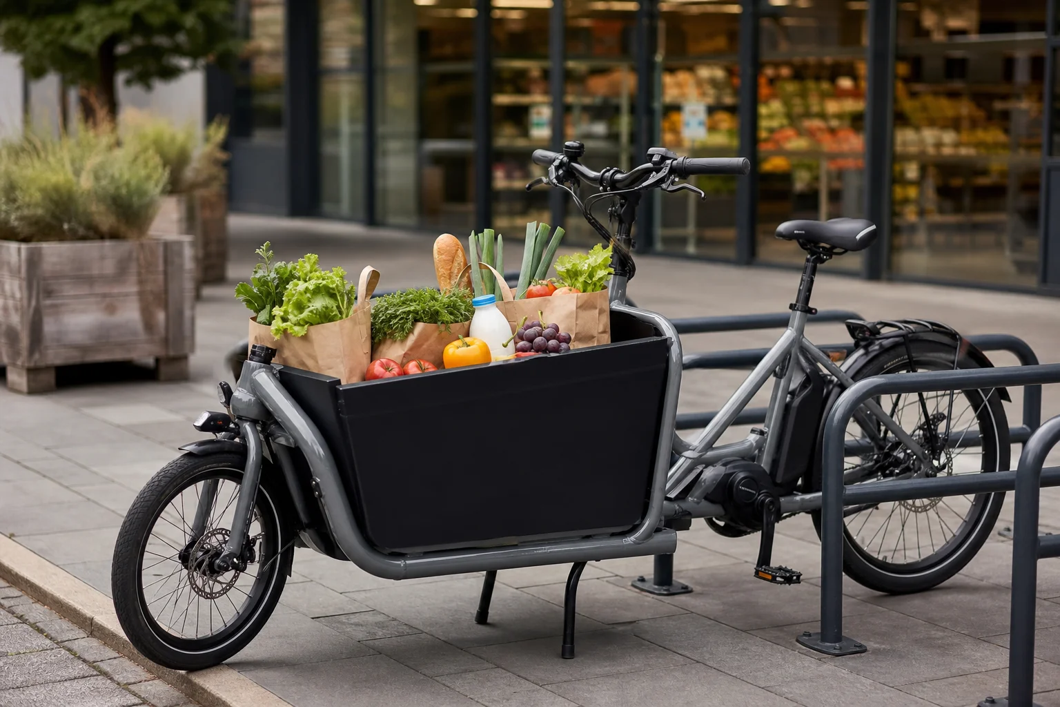 E-cargo bike parked in a bike rack outside a supermarket with shopping bags