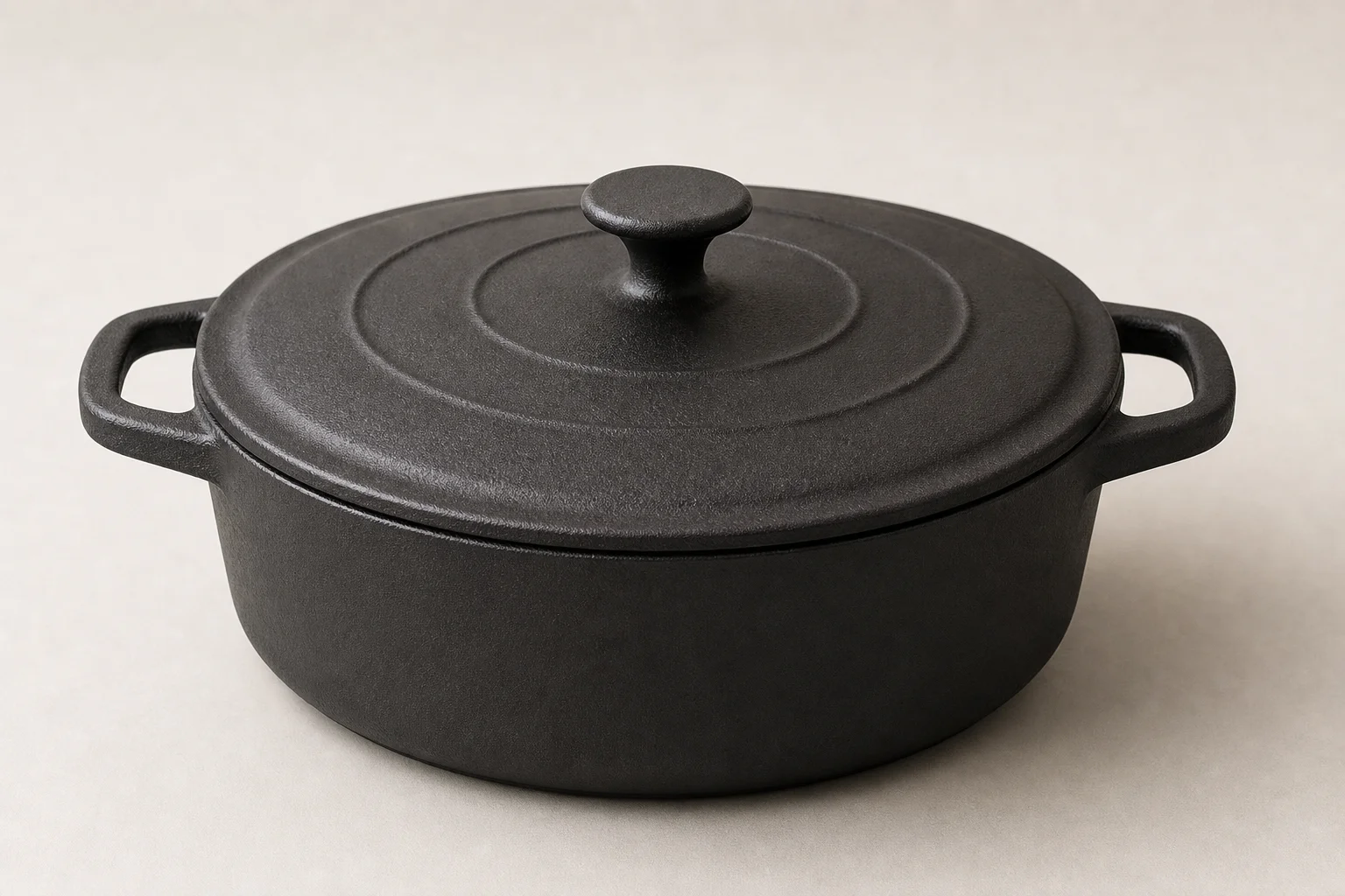 Three kitchen cookware vessels: cream Dutch oven, black Dutch oven with base, and slow cooker with glass lid