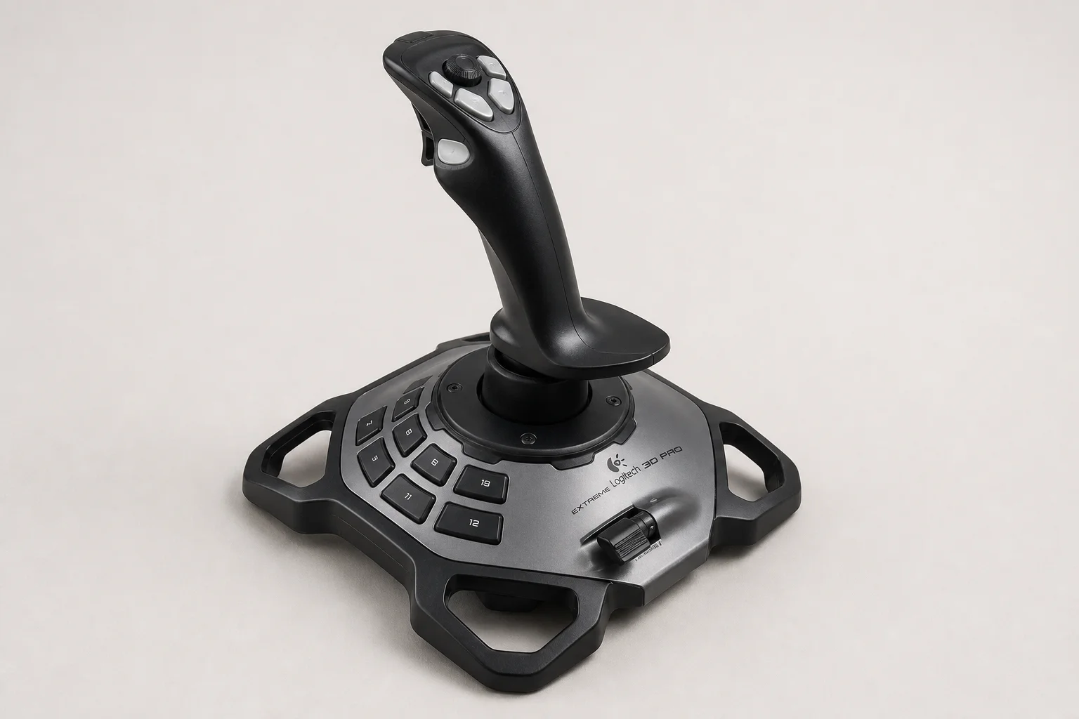Three flight sim joysticks and throttles arranged by price tier on grey surface