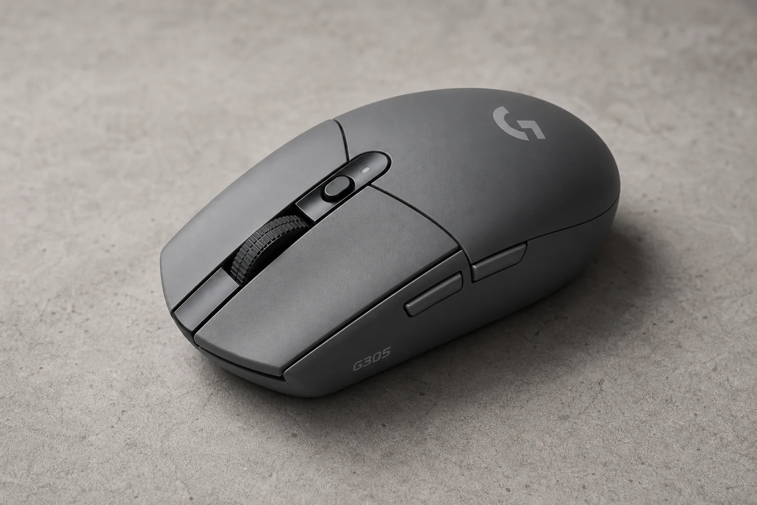 Five computer mice arranged on a concrete surface: Apple Magic Mouse, Magic Trackpad, Logitech G305, Lift, and MX Master 3