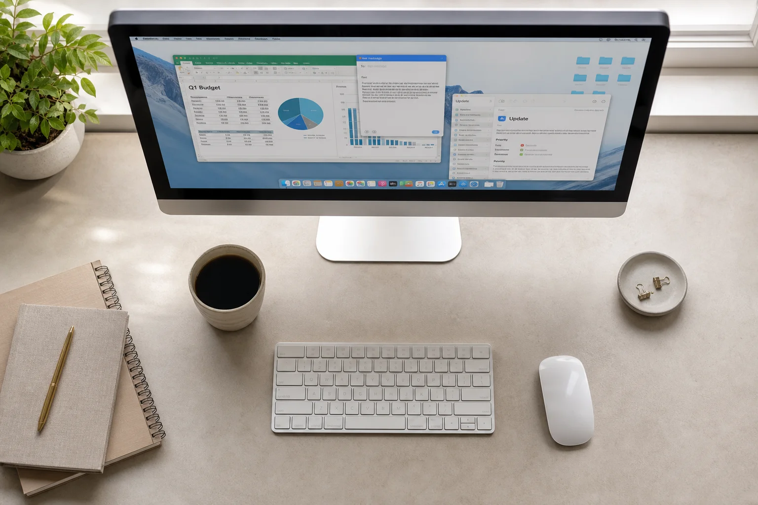 Desk workspace with multiple applications open on monitor and wireless peripherals
