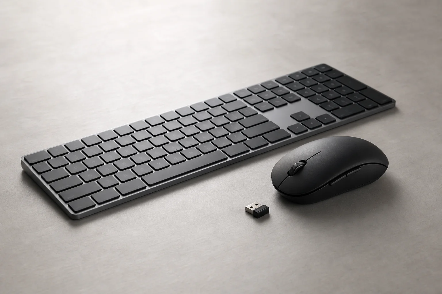 Wireless mouse and keyboard paired together with USB receiver on desk