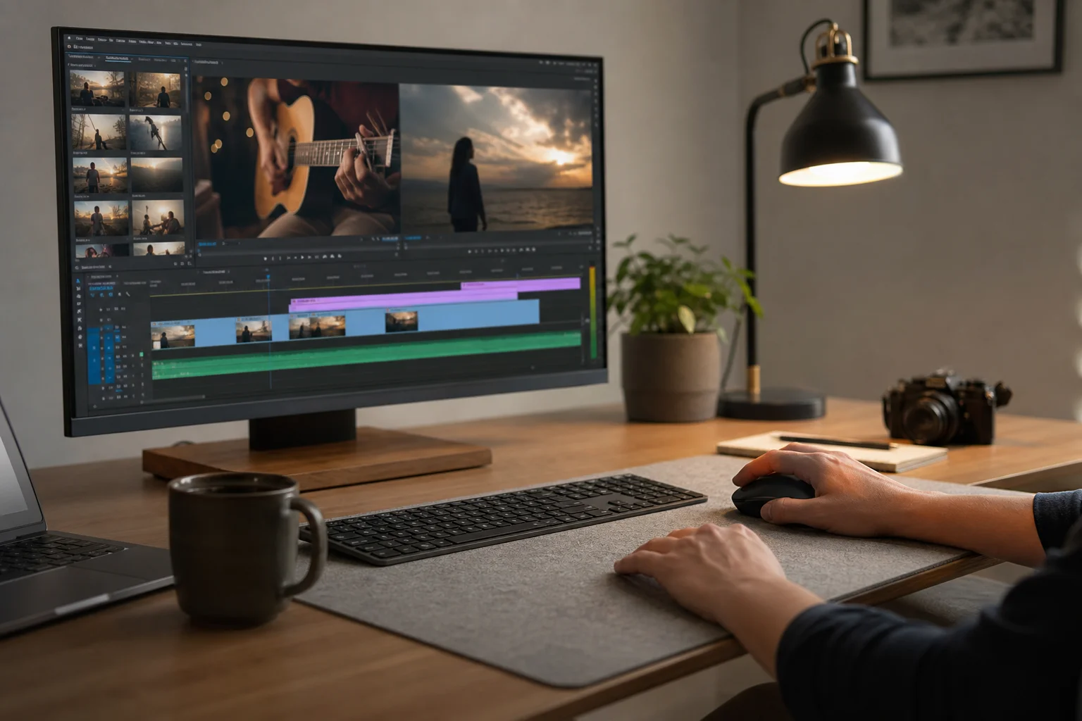 Video editor workspace with timeline visible and hands near mouse