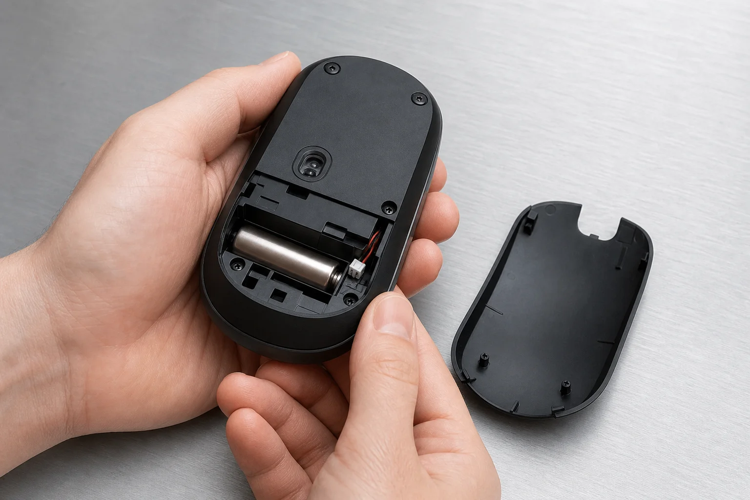 Wireless mouse with open battery compartment showing internal components