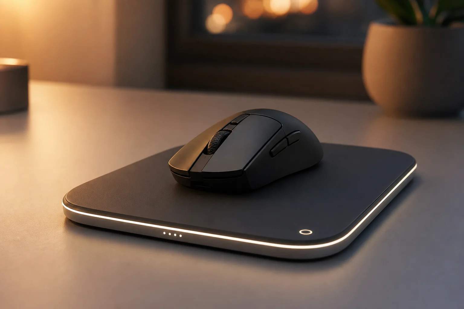 Gaming mouse on wireless charging mousepad with subtle LED indicators