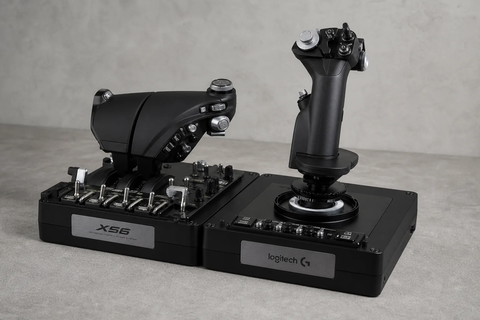 Flight simulation HOTAS controller on desk with cockpit display in background
