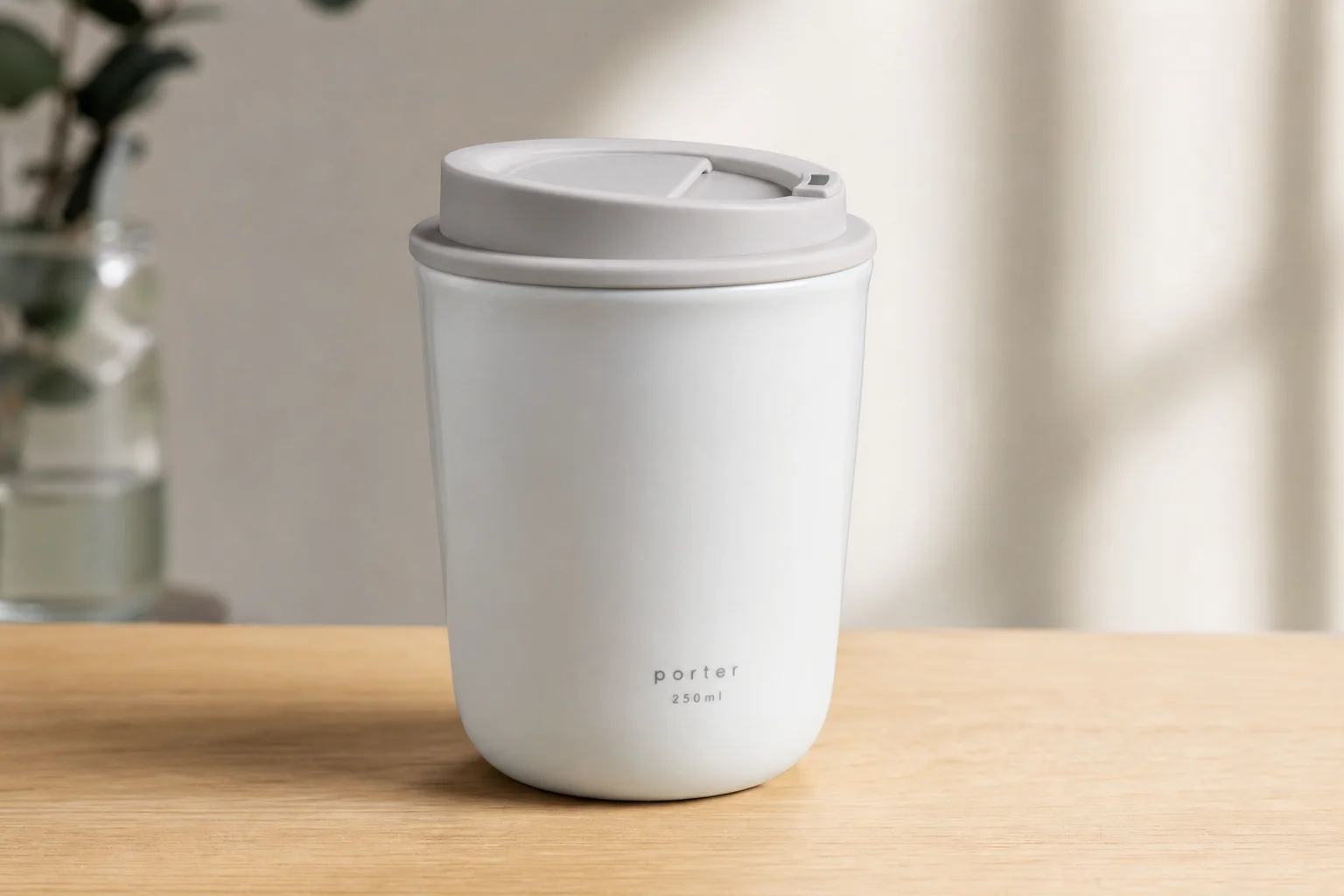 Eight reusable coffee cups arranged on concrete surface showing variety of materials and designs