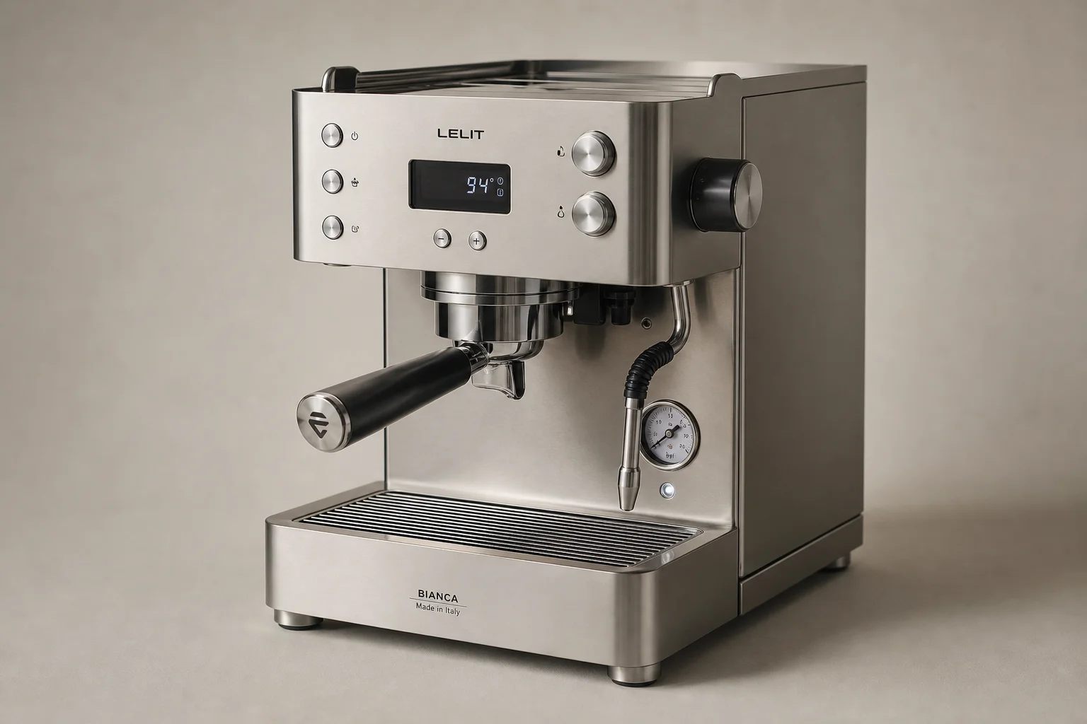 放置在木質吧台上，配備 Espresso 機與磨豆機的專業行動咖啡推車