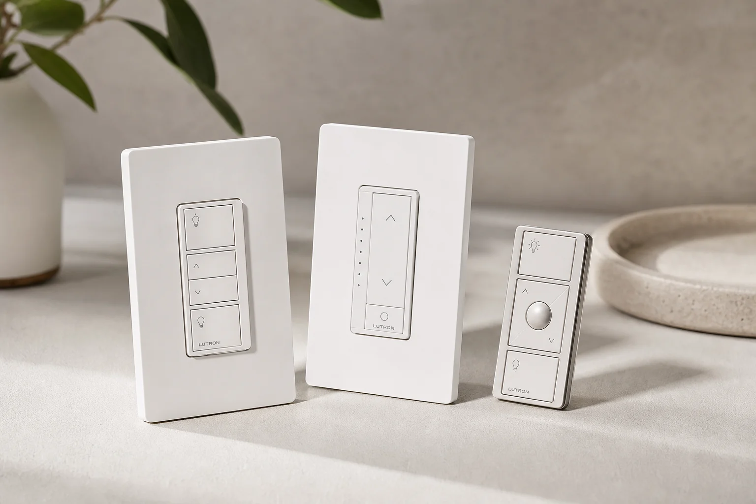 Smart home devices including hub, streaming device, thermostat, lock, and lights on a desk