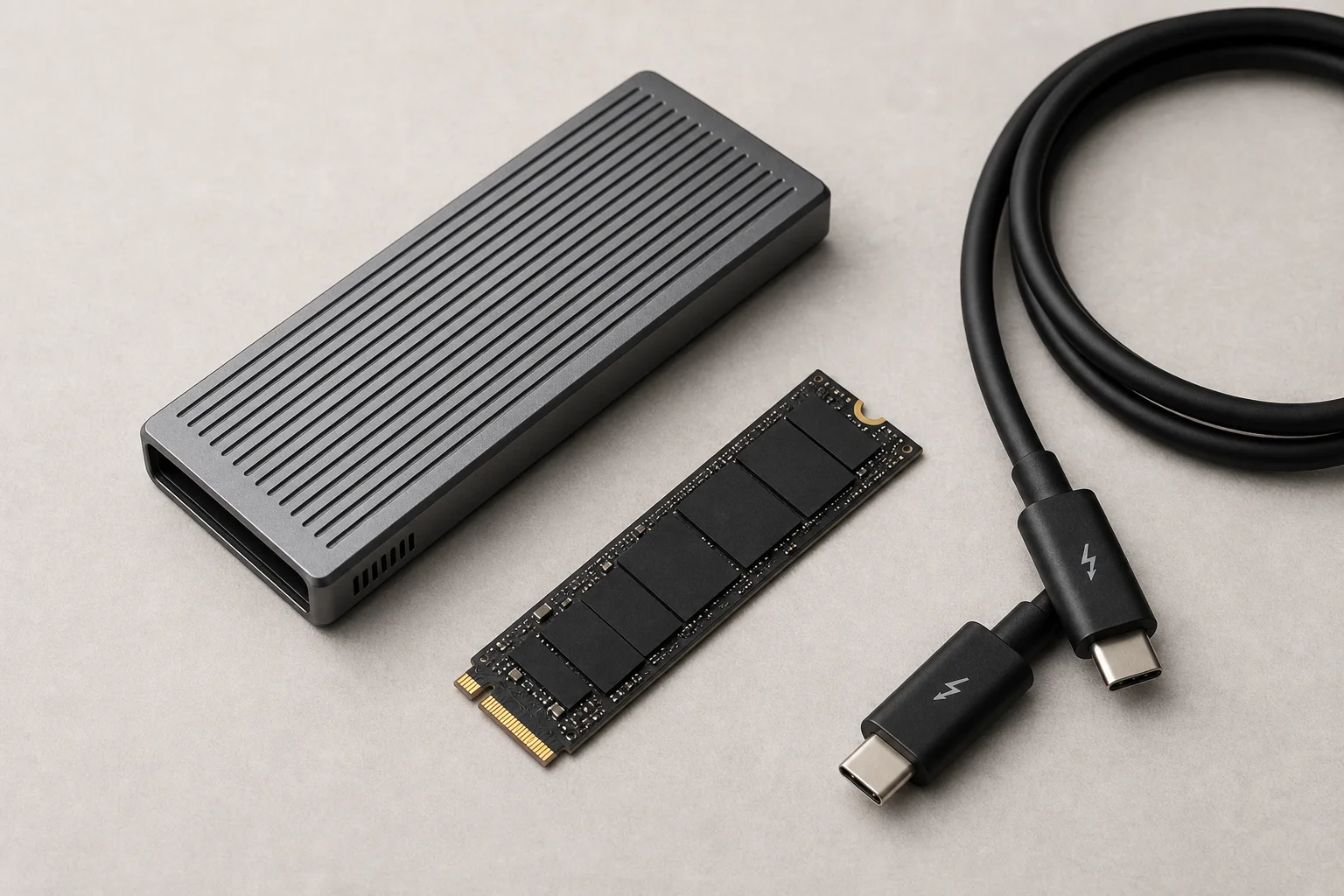 DIY SSD 外接盒與 NVMe 硬碟組件在工作檯面上