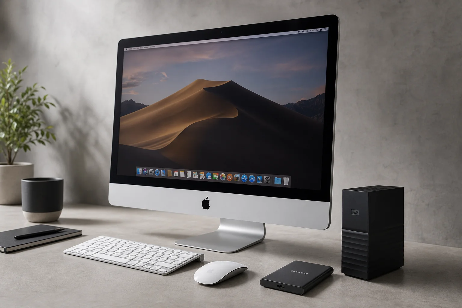 桌面上擺放著 Mac 電腦、外接 SSD 與傳統硬碟