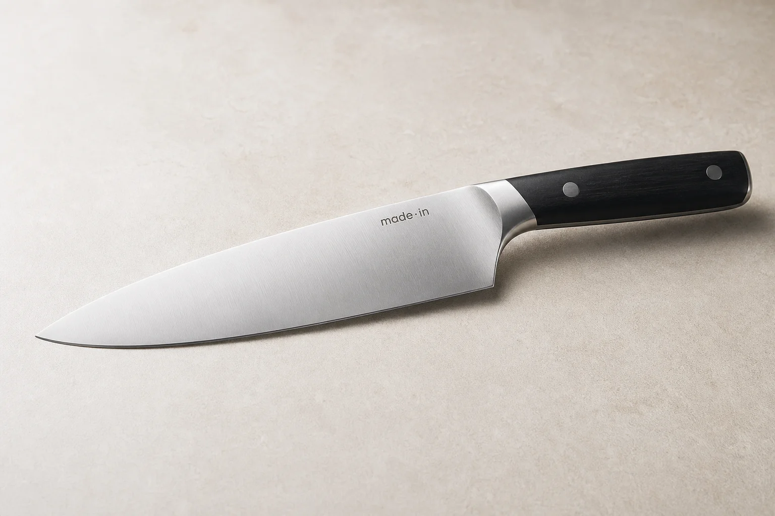 Collection of eight chef's knives arranged diagonally on concrete surface showing various styles and price points