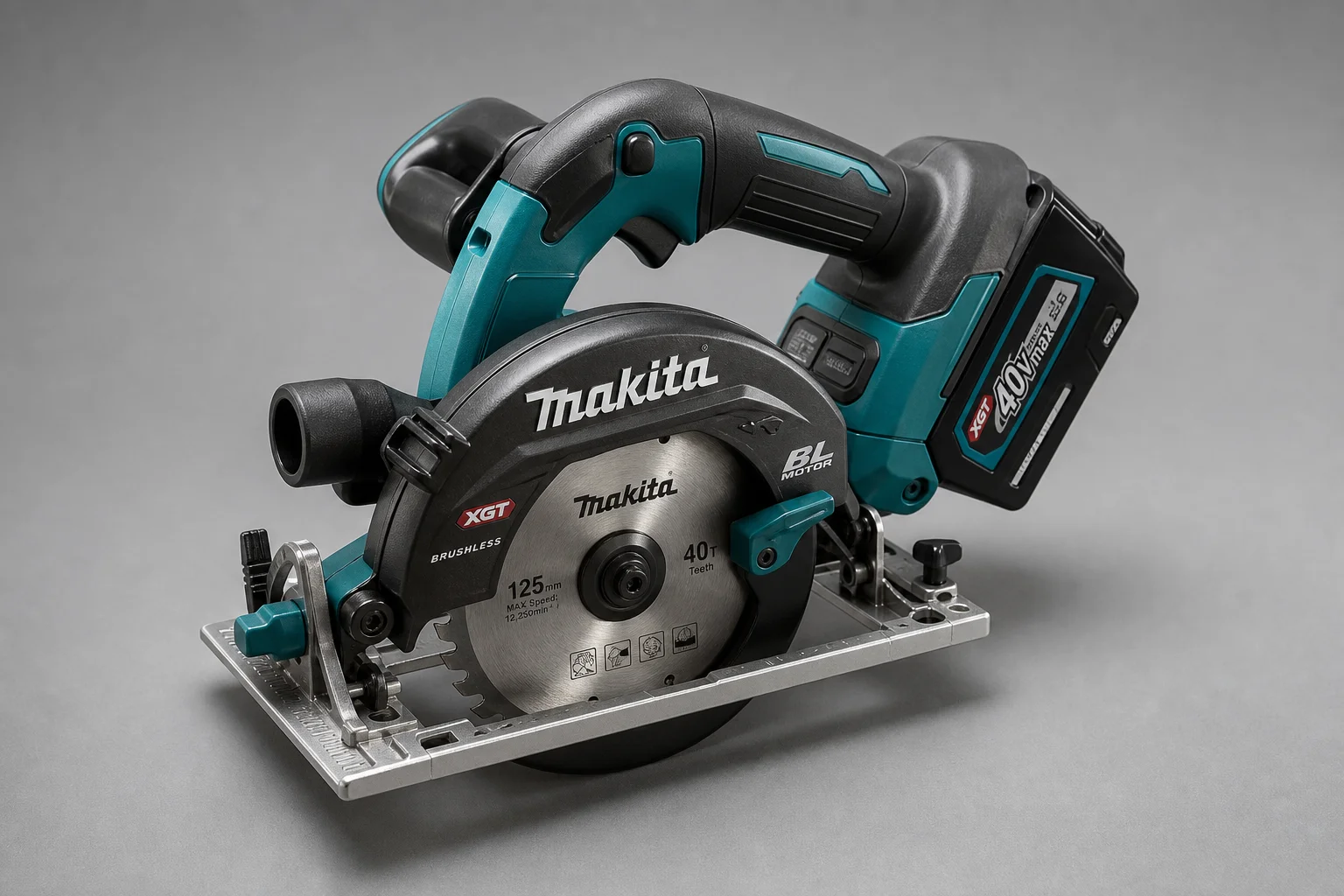 Makita circular saw, steel ruler, and Laguna band saw arranged on concrete