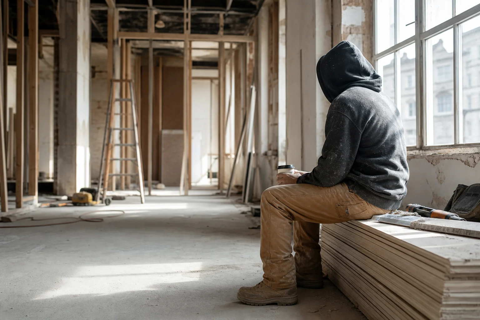 Construction worker on break at job site with coffee cup