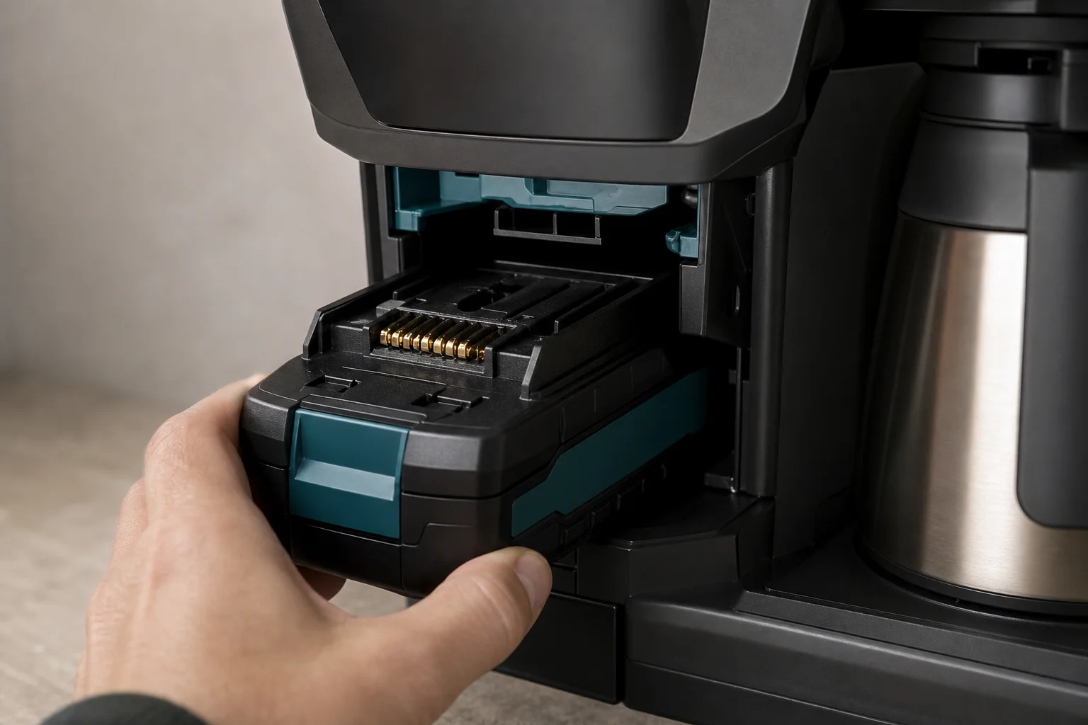 Close-up of Makita battery being inserted into coffee maker sled