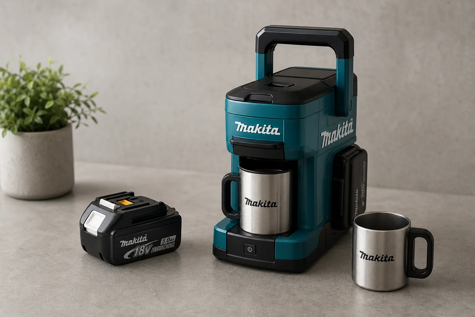 Makita coffee maker with battery and stainless steel mug on concrete surface