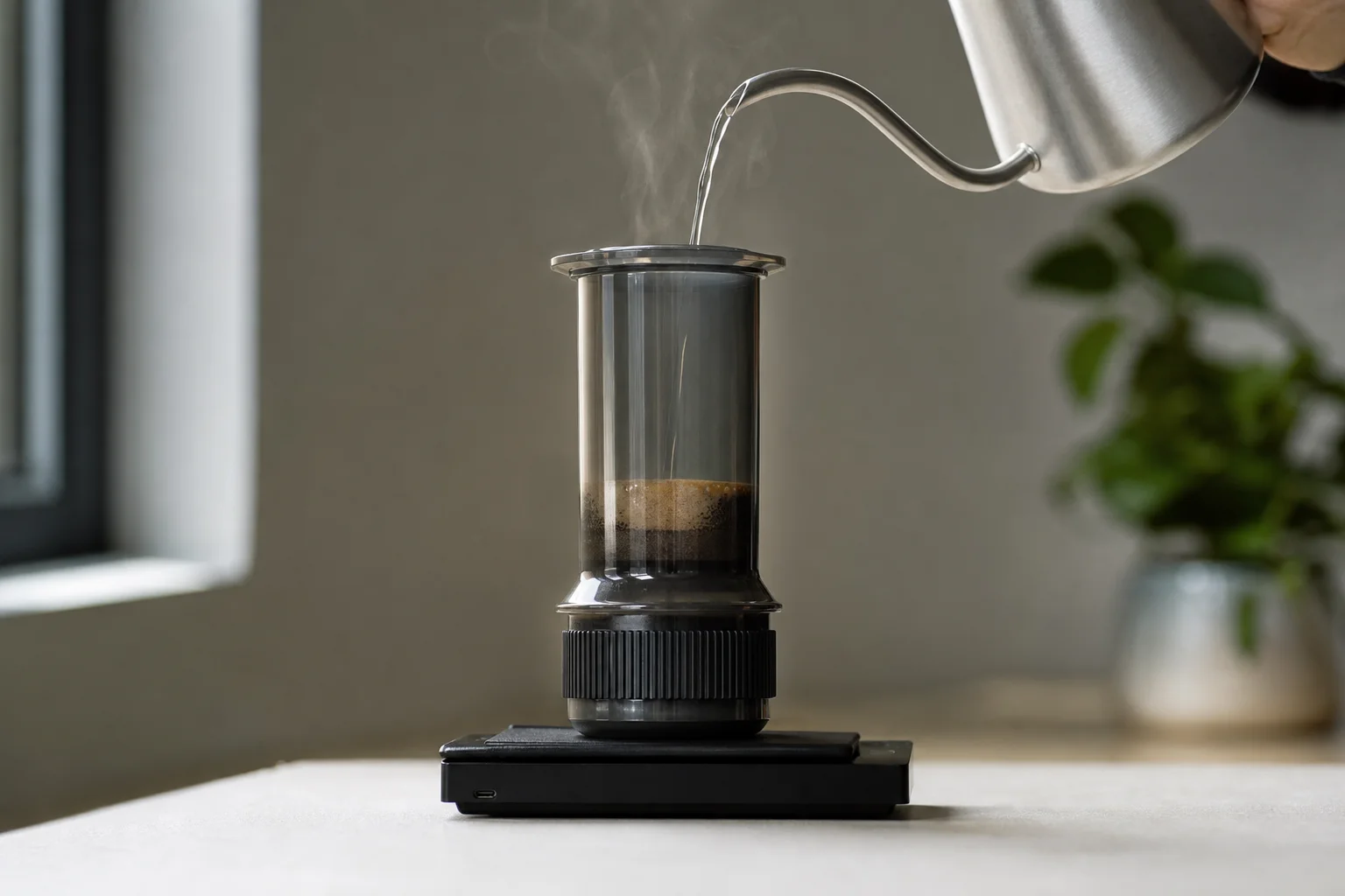 Pouring hot water into an AeroPress with Prismo attachment on a scale