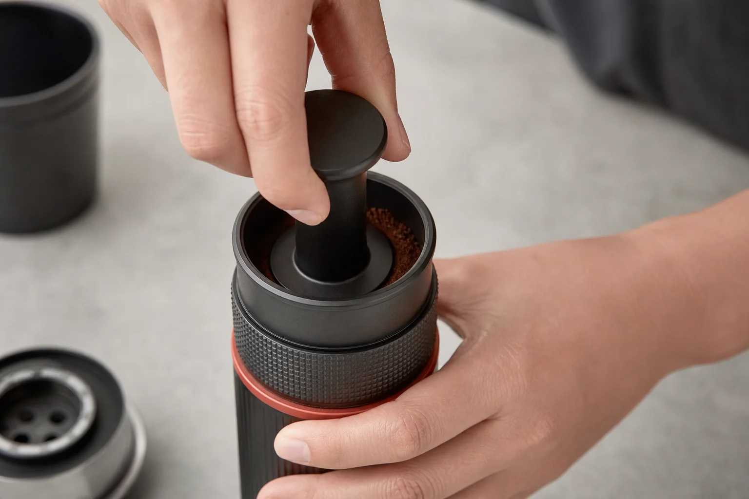 Hands tamping ground coffee in the Cafflano Kompresso brewing chamber