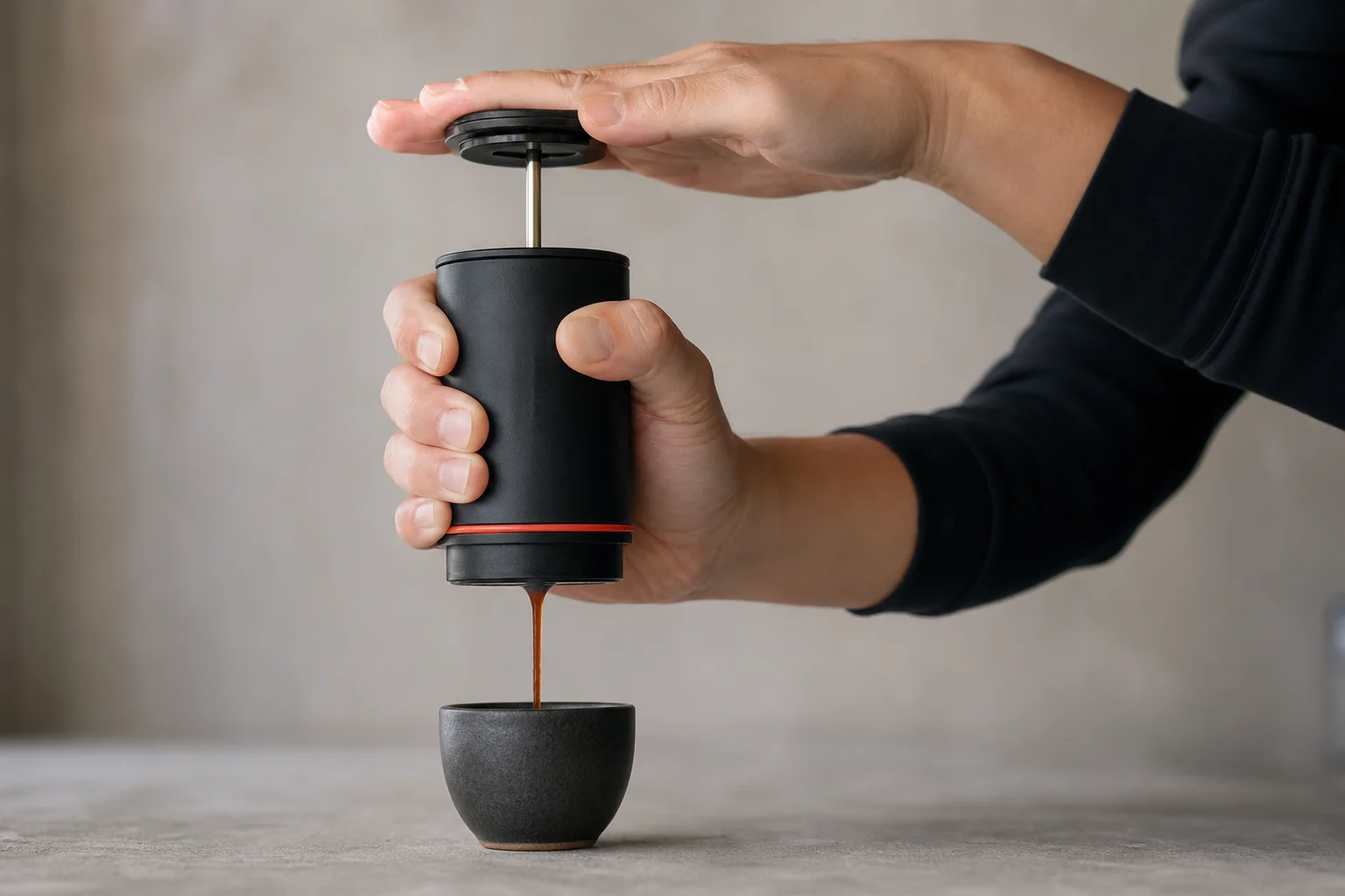Pressing down the plunger on a Cafflano Kompresso during extraction