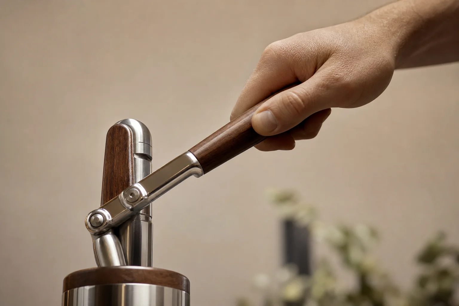 Close-up of espresso machine lever with wood accents being pulled downward