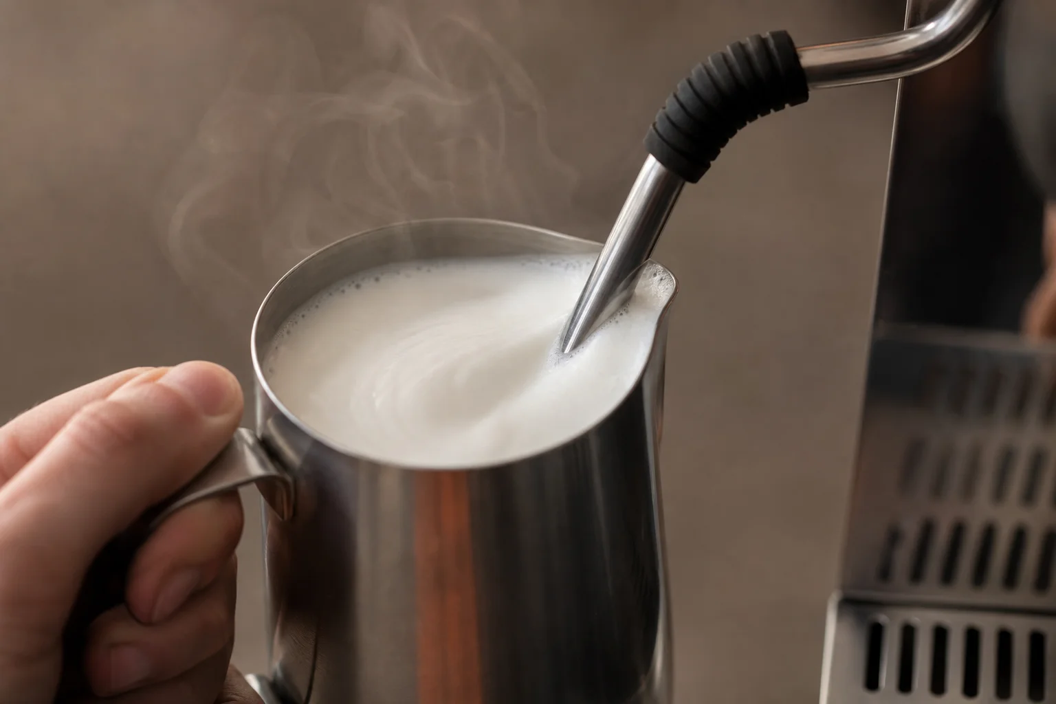 Steam wand creating silky microfoam milk texture in a metal pitcher