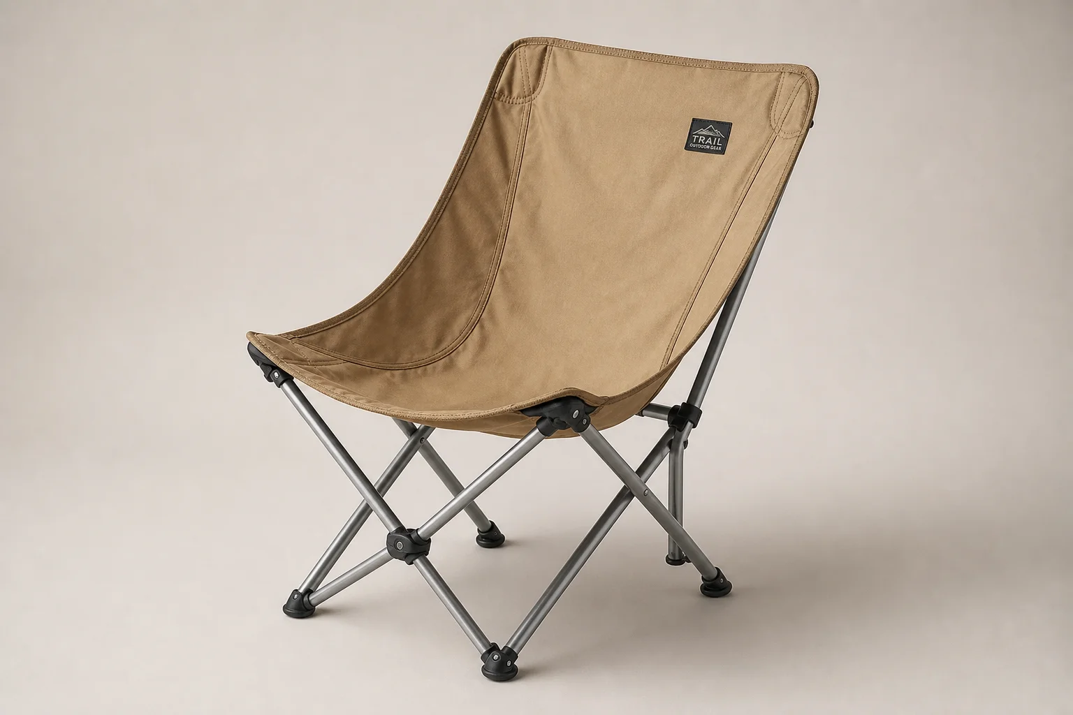 Five backpacking chairs arranged on concrete surface showing variety of styles and weights