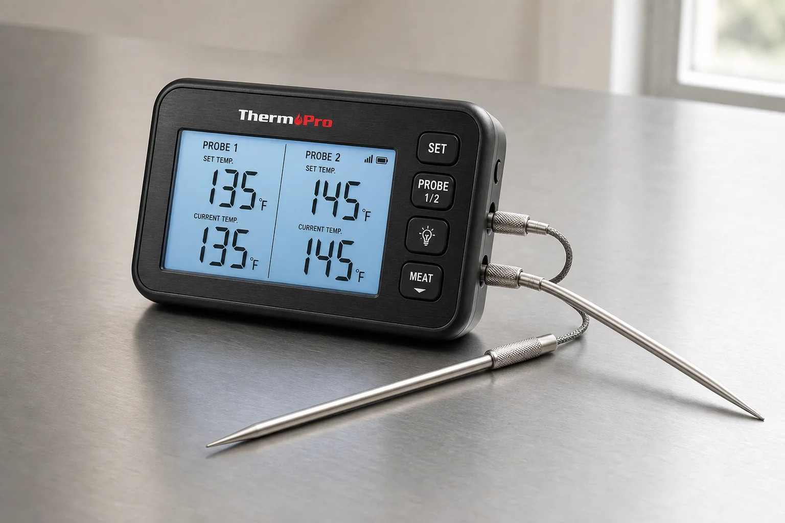 Five meat thermometers arranged diagonally from budget to premium models on concrete