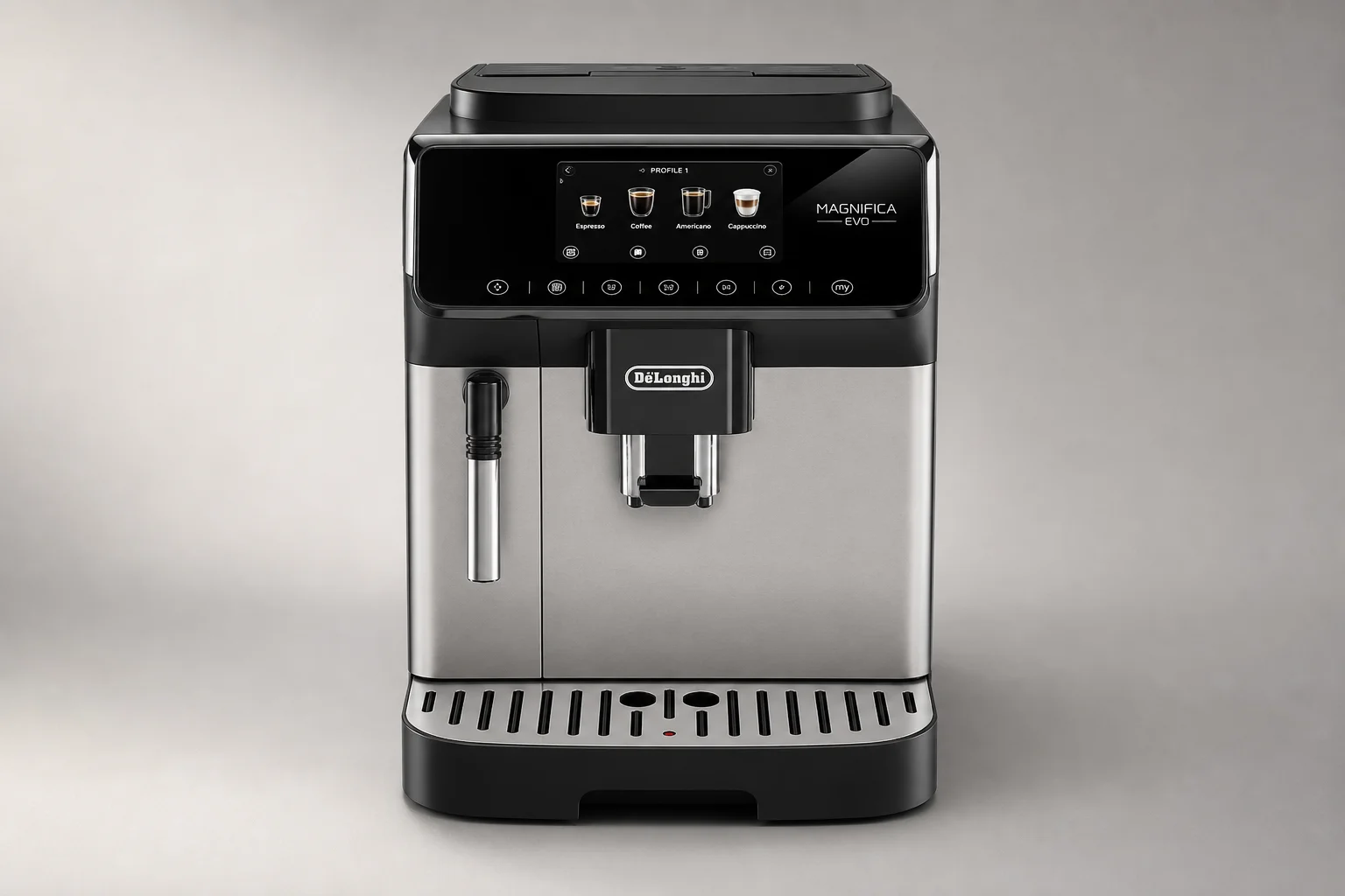 Six bean-to-cup espresso machines arranged in a line showing size progression from compact to large