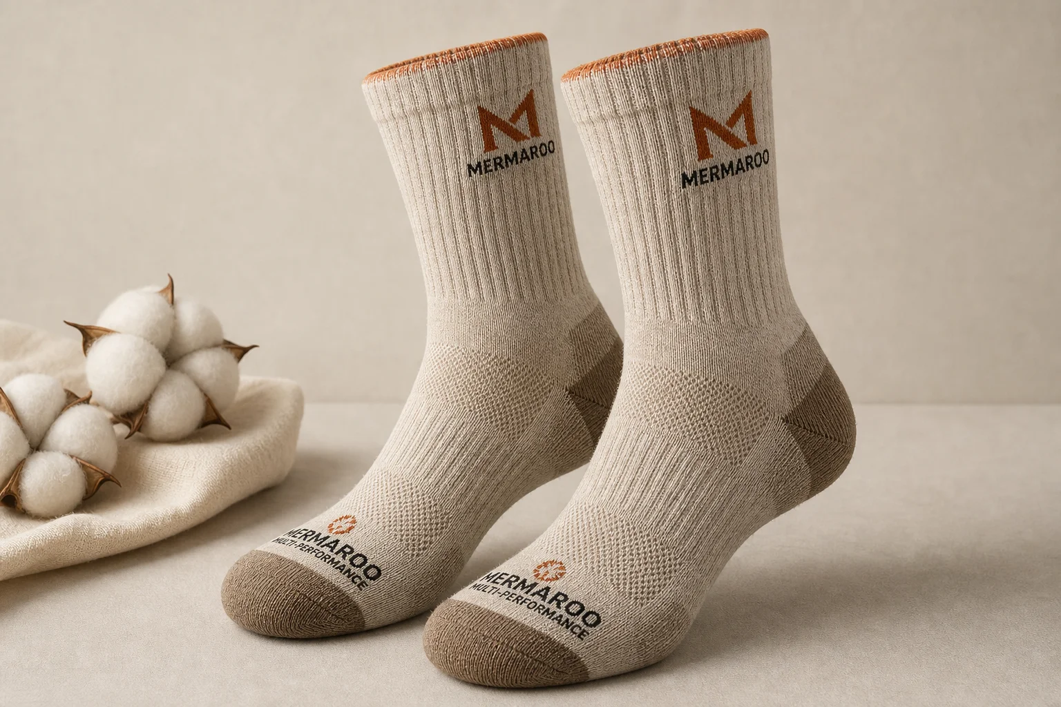 Five pairs of hiking socks in different styles and colors arranged on concrete