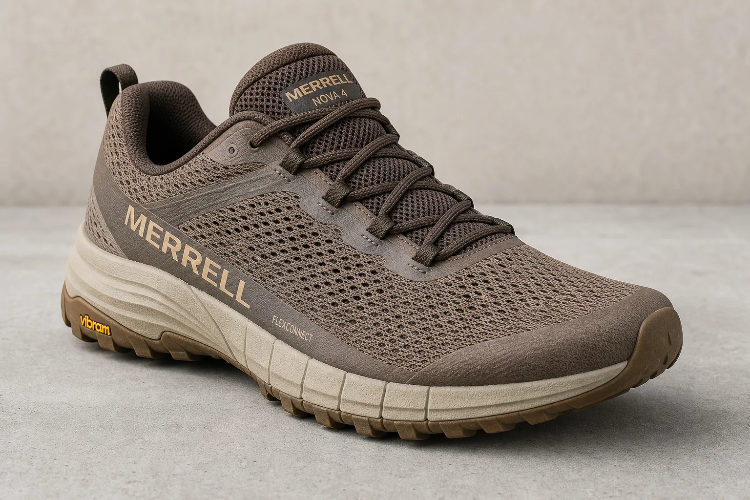 Nike Pegasus Trail 5, On Cloudsurfer Trail, and Merrell Nova 4 running shoes on concrete