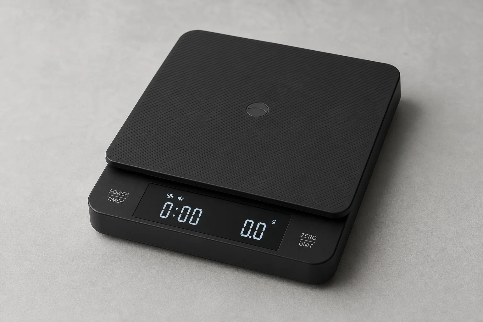 三款小型咖啡秤排列在水泥表面上:MHW-3Bomber Micro、Cube Pro Max 以及 Timemore Black Mirror Nano