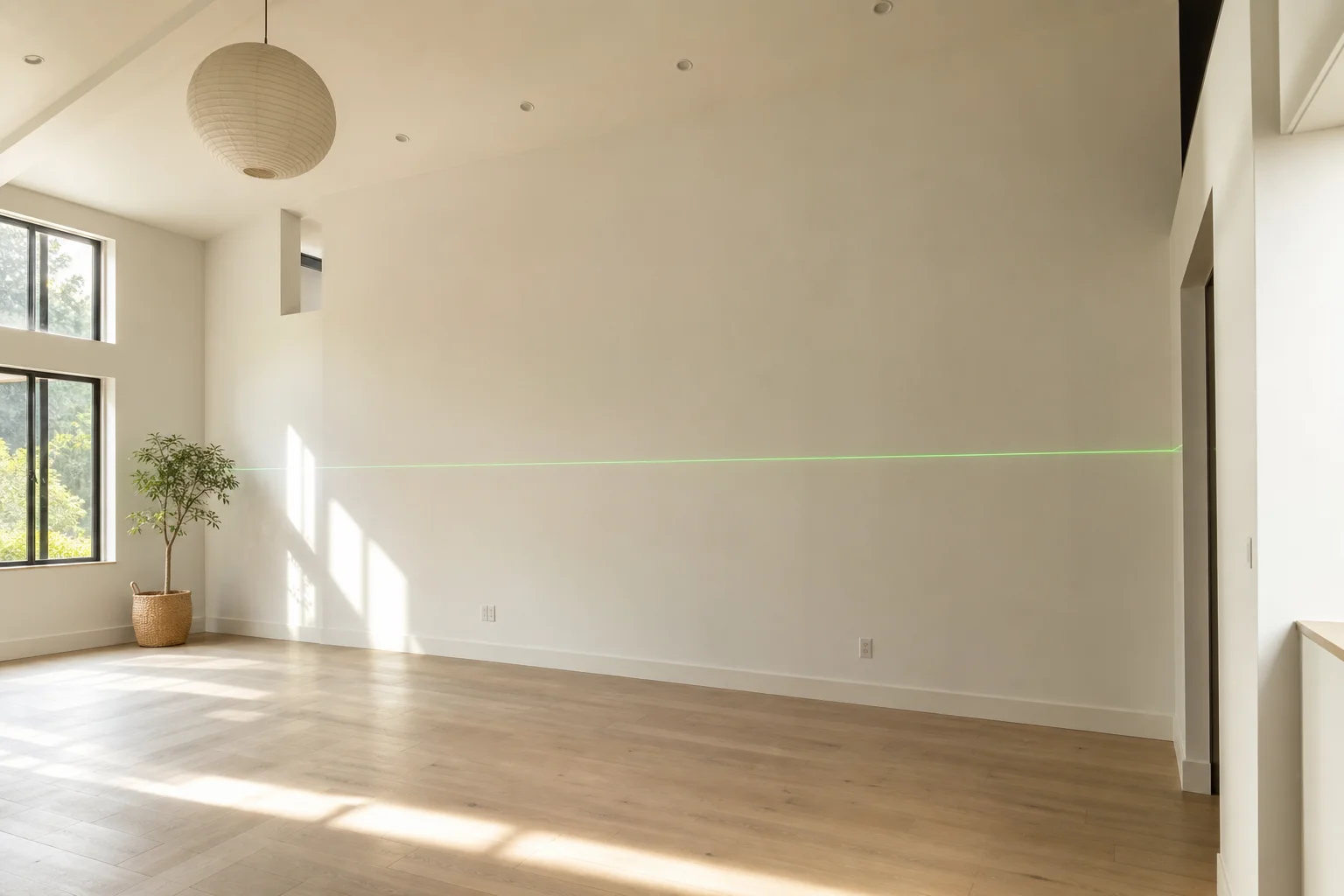 Bright green laser line projected horizontally across an interior wall in daylight