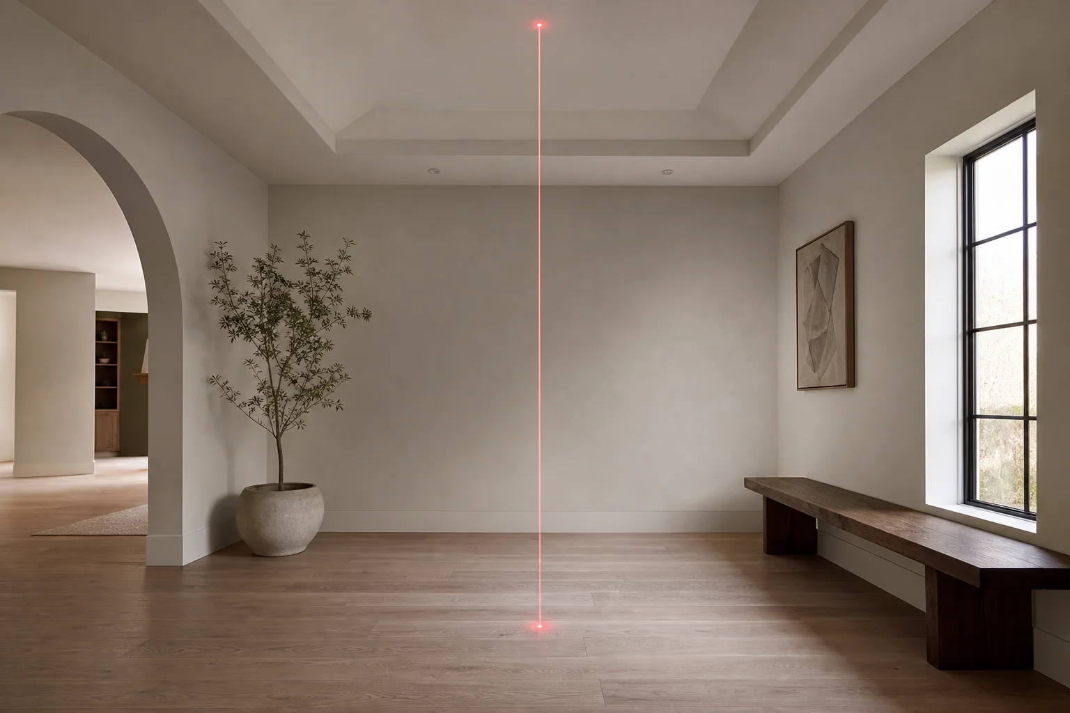 Vertical plumb dot projected from floor to ceiling in an interior space