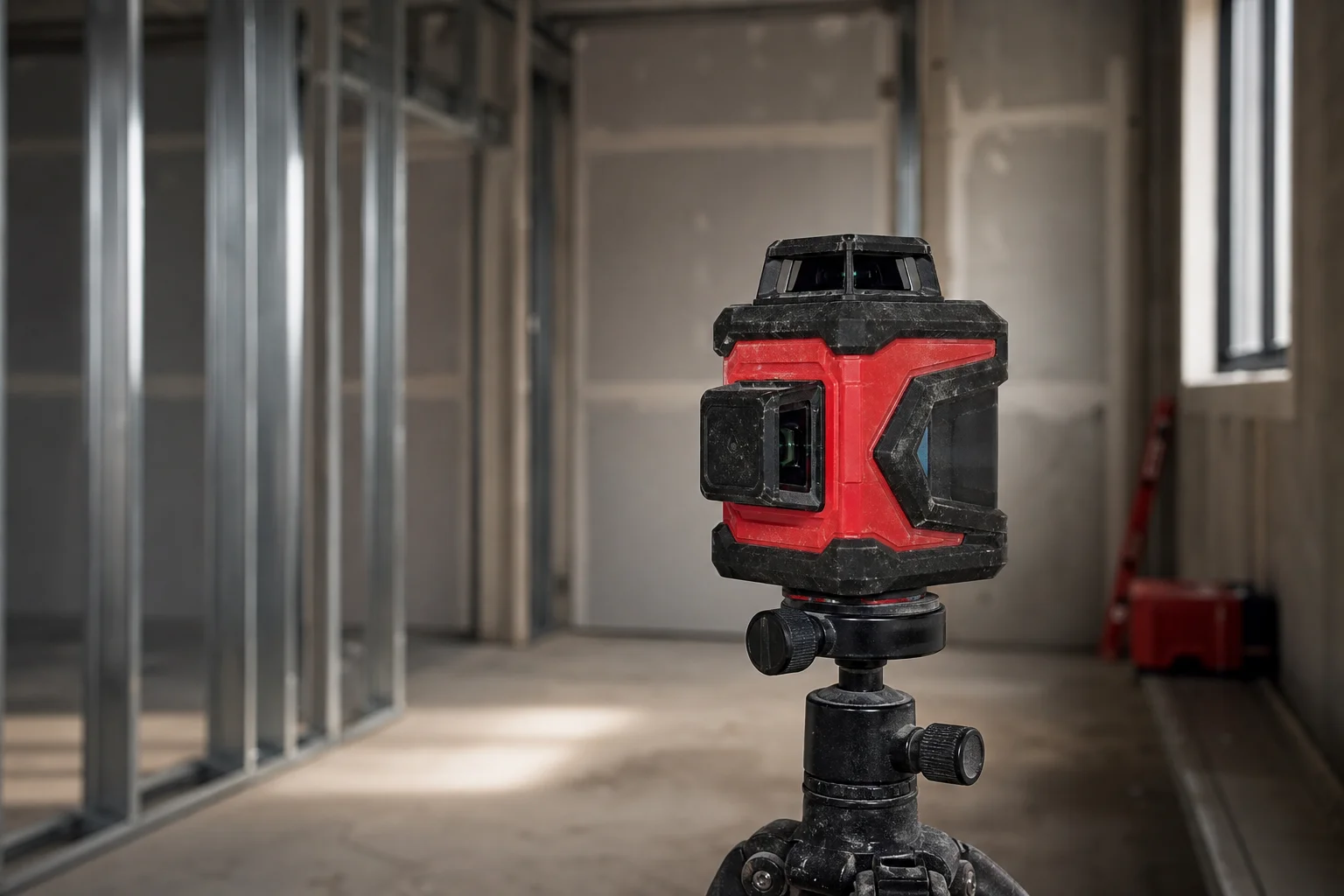 Laser mounted on a tripod with pendulum leveling mode active in a workshop