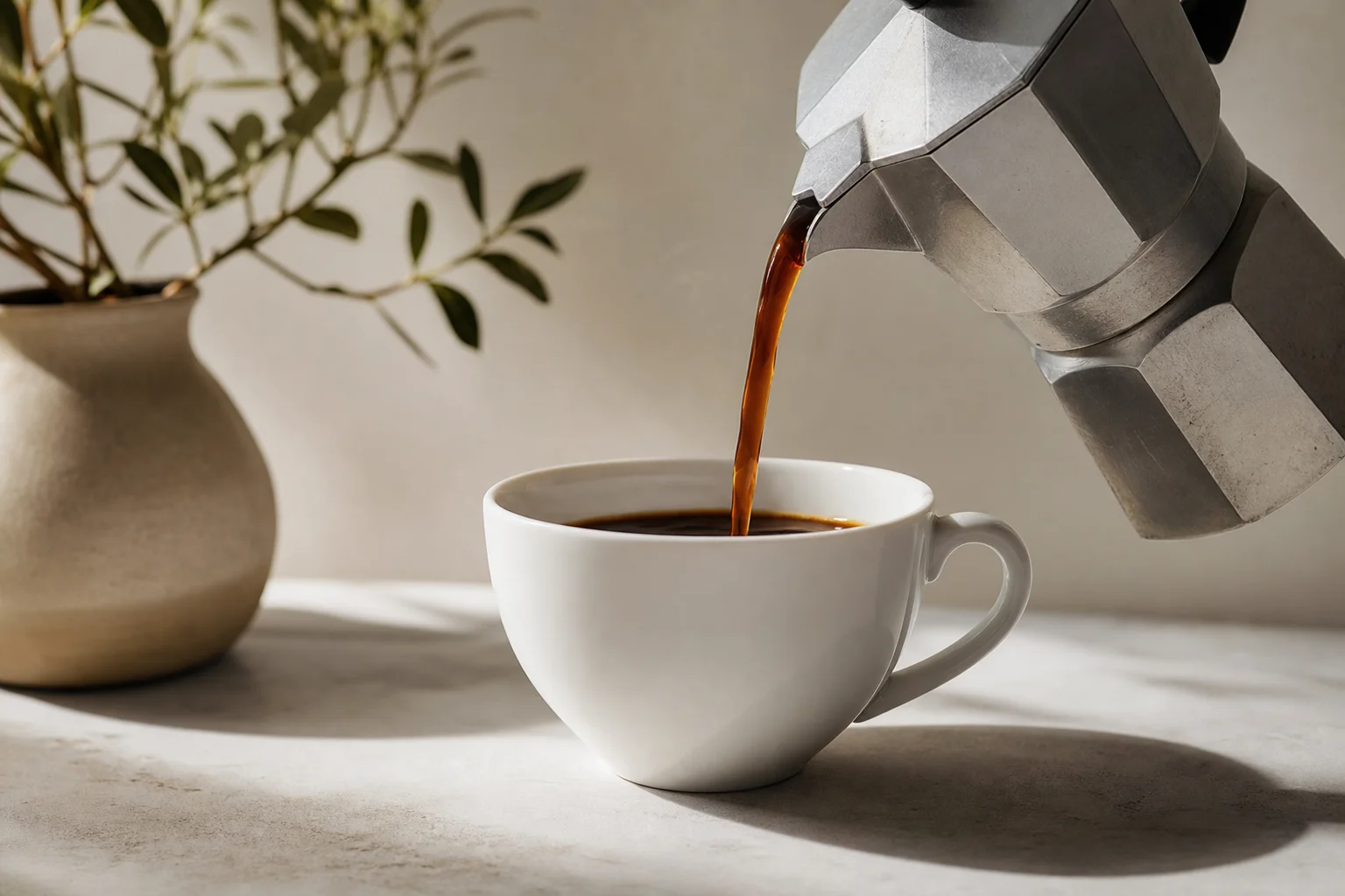 Coffee pouring from moka pot spout into a white ceramic cup