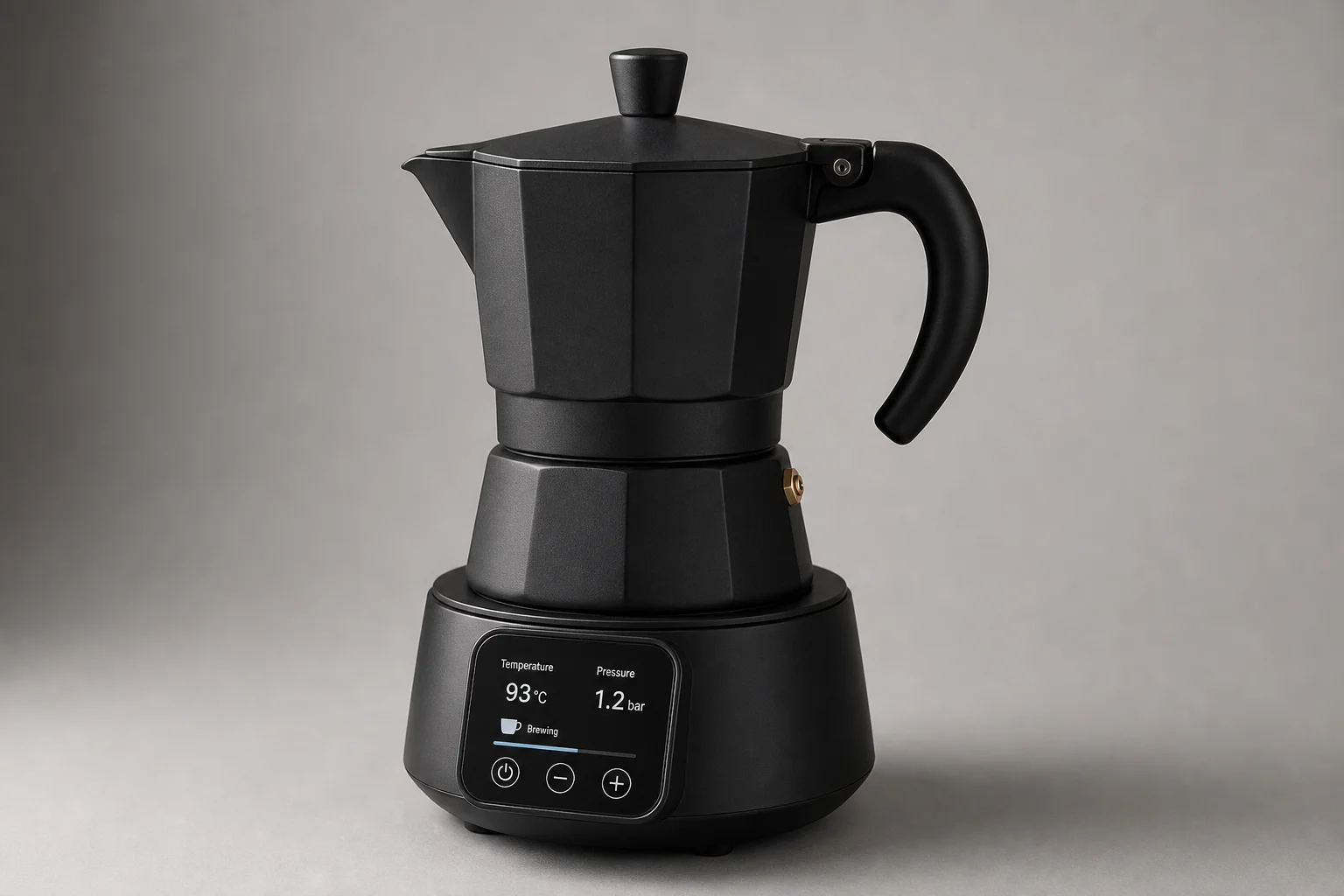 Moka Bot electric moka pot with touchscreen display on kettle base