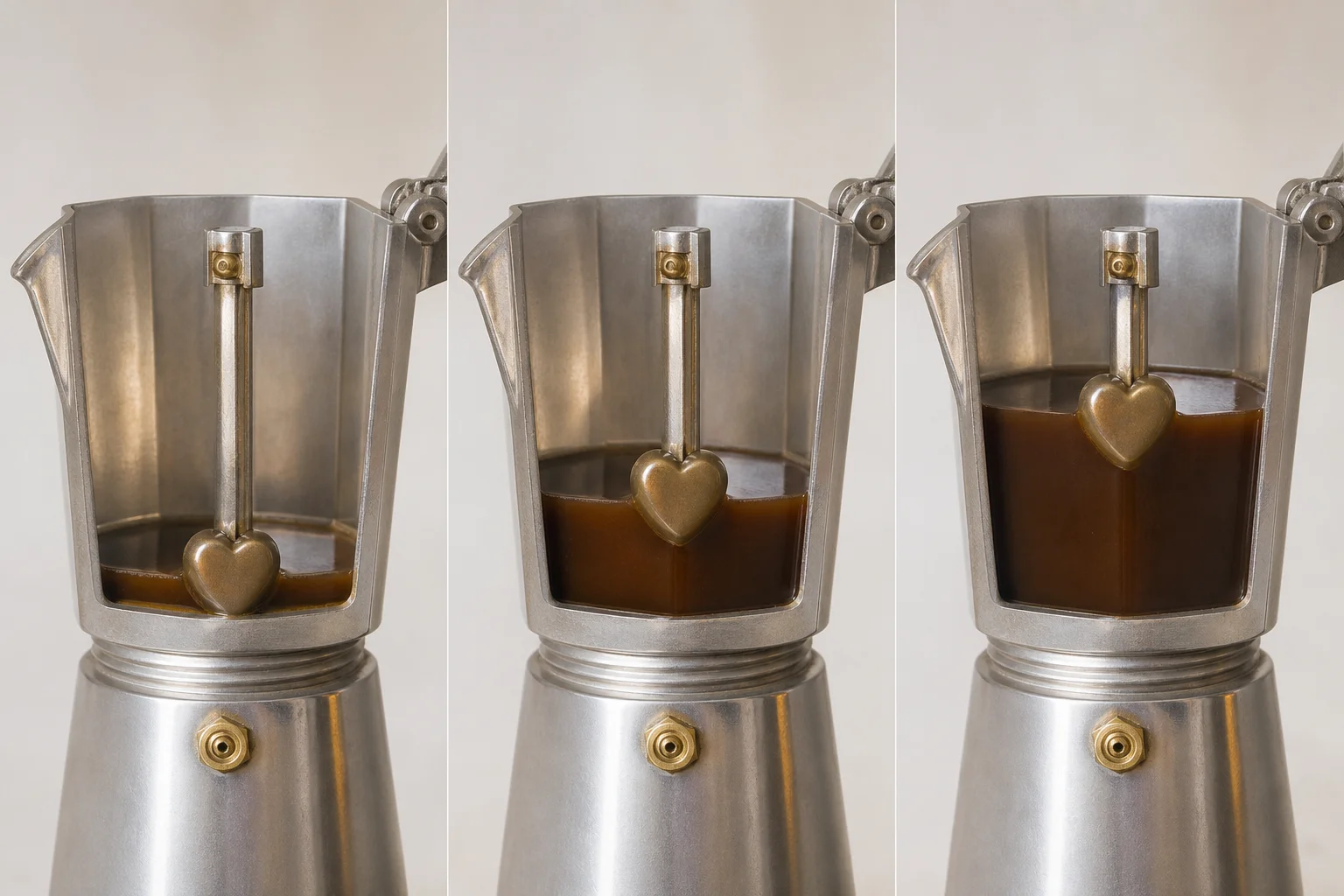 Vintage moka pot with float mechanism visible through transparent chamber wall