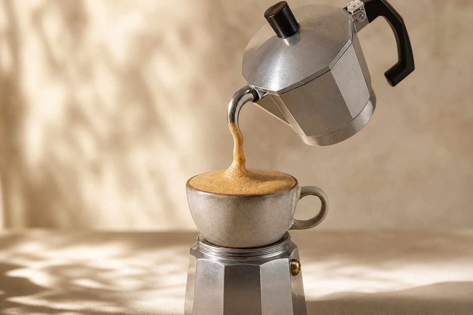 Camira moka pot brewing with distinctive thick foam discharge pouring into cup