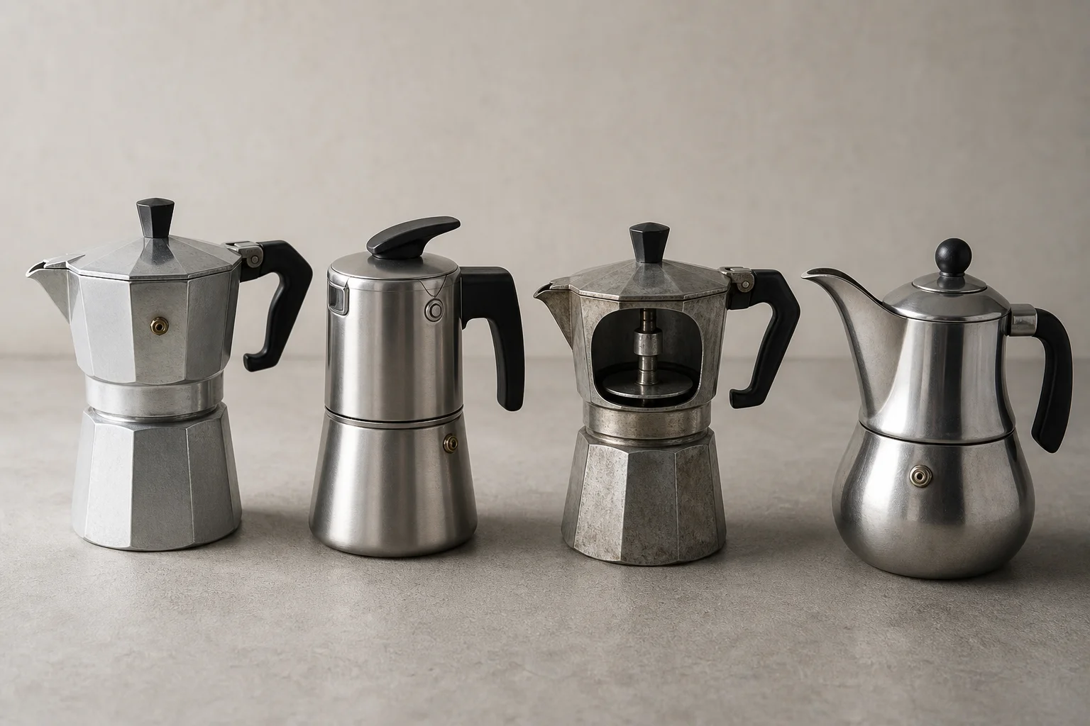 Four moka pot variations displayed on concrete surface