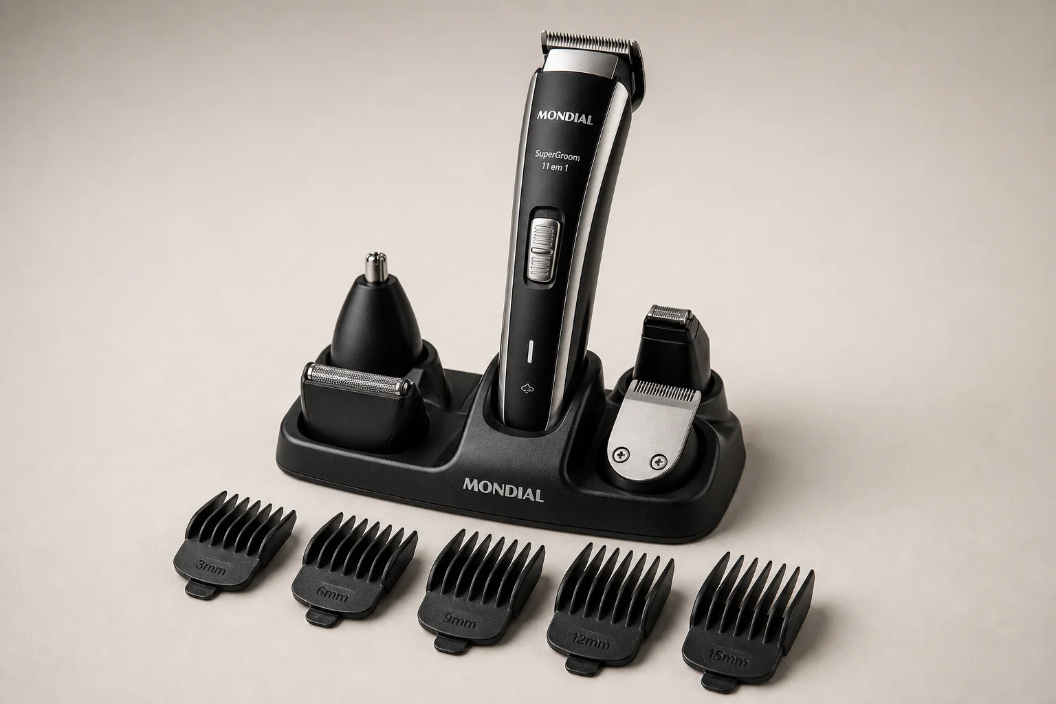 Mondial Super Groom 11 em 1 and Philips Multigroom MG3931/15 trimmers displayed side by side