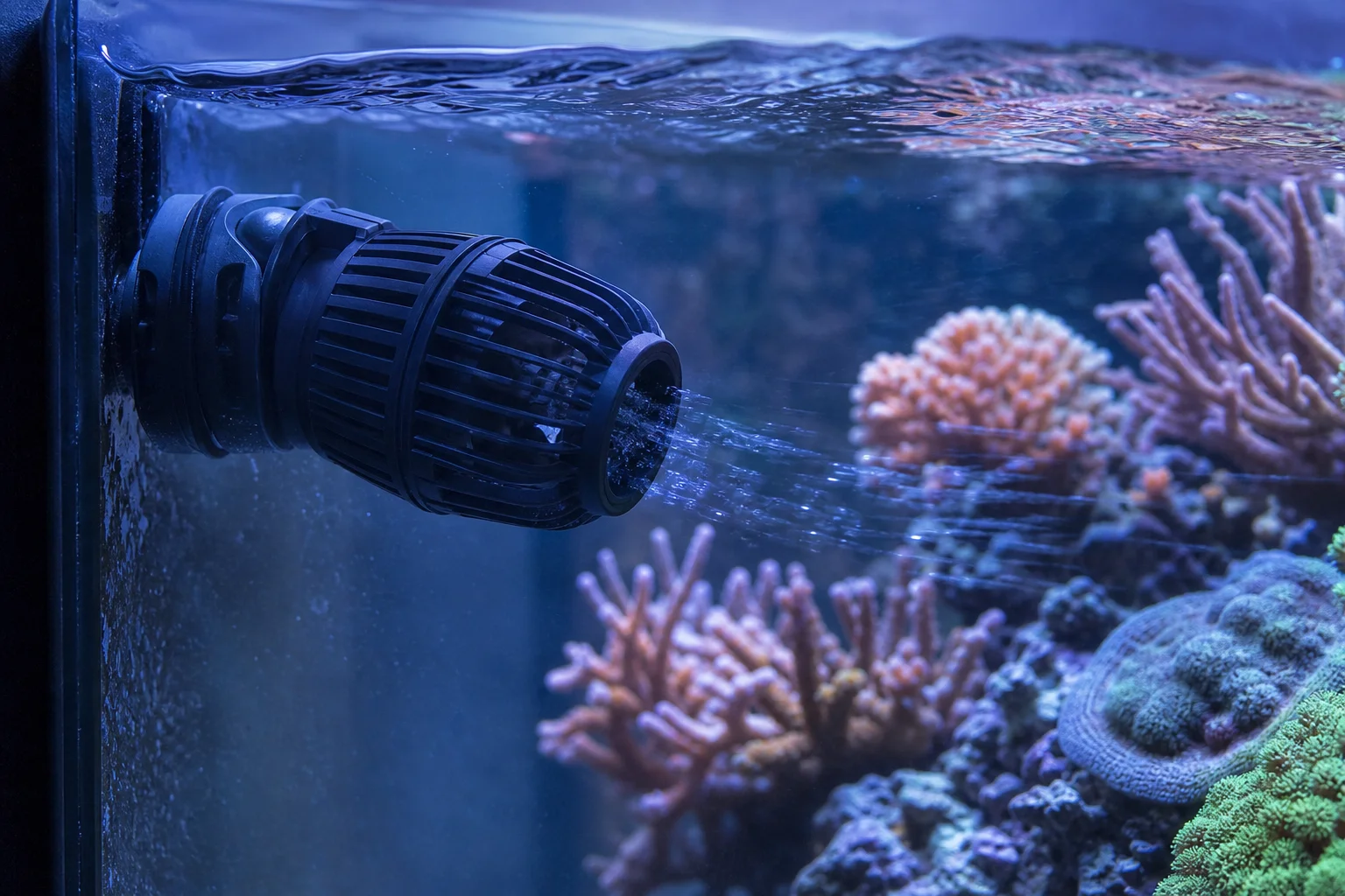 Powerhead in reef tank with corals and water flow