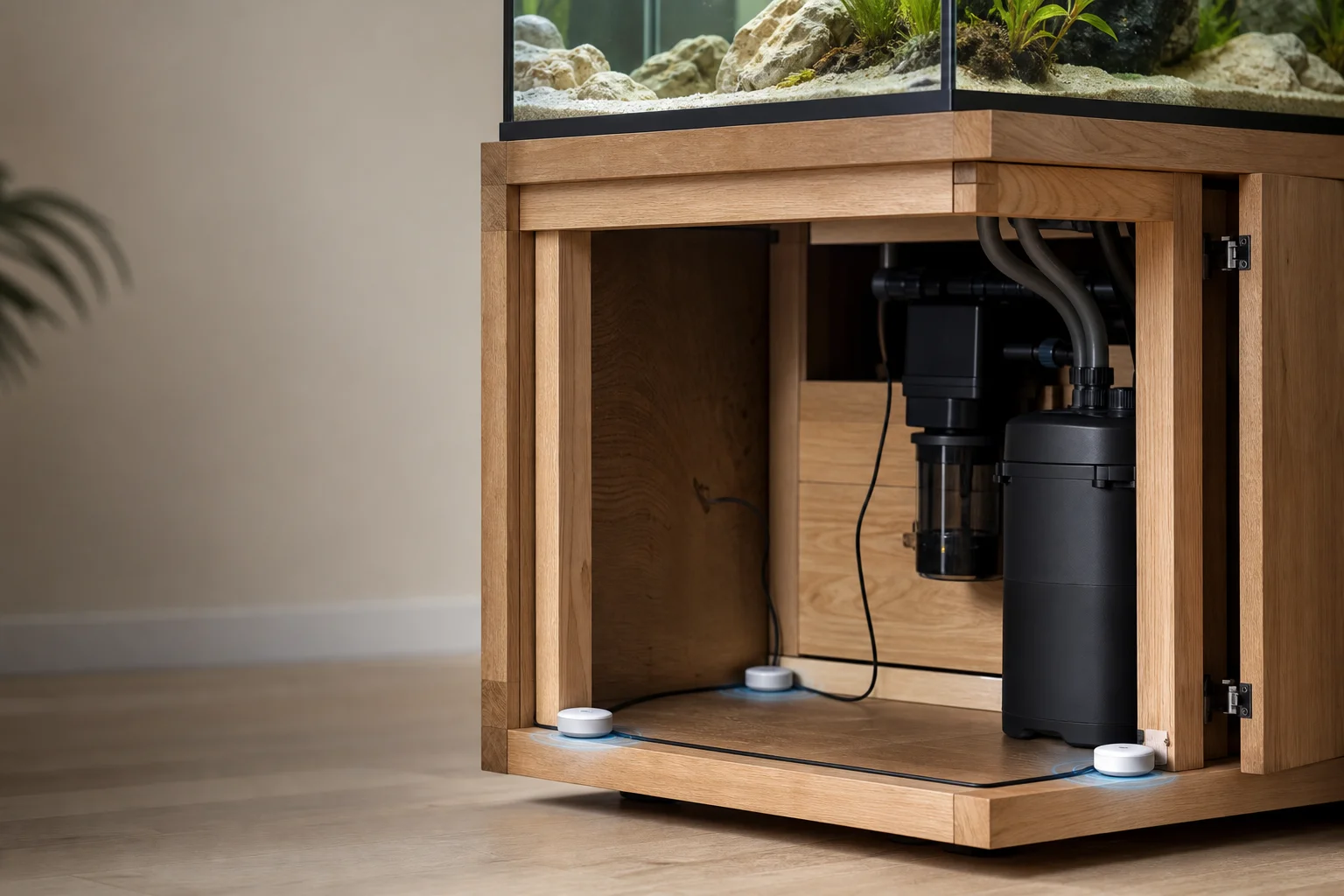 Leak detection sensors placed under aquarium stand