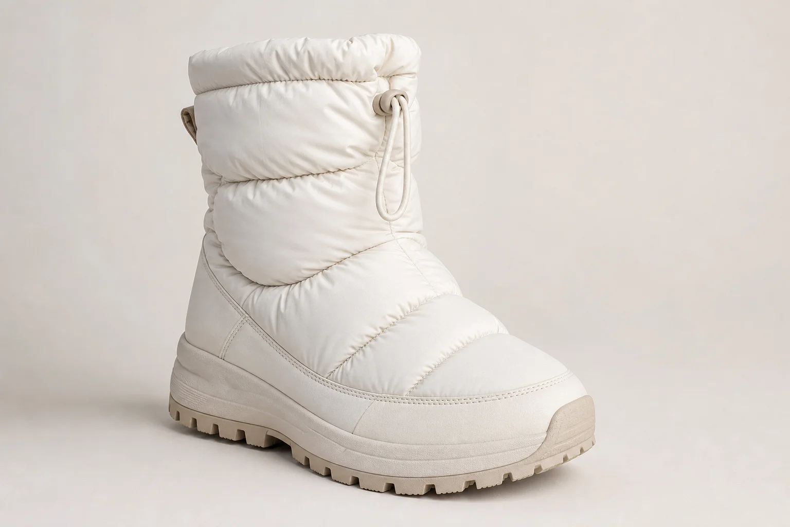 Collection of diverse winter boots arranged on concrete surface