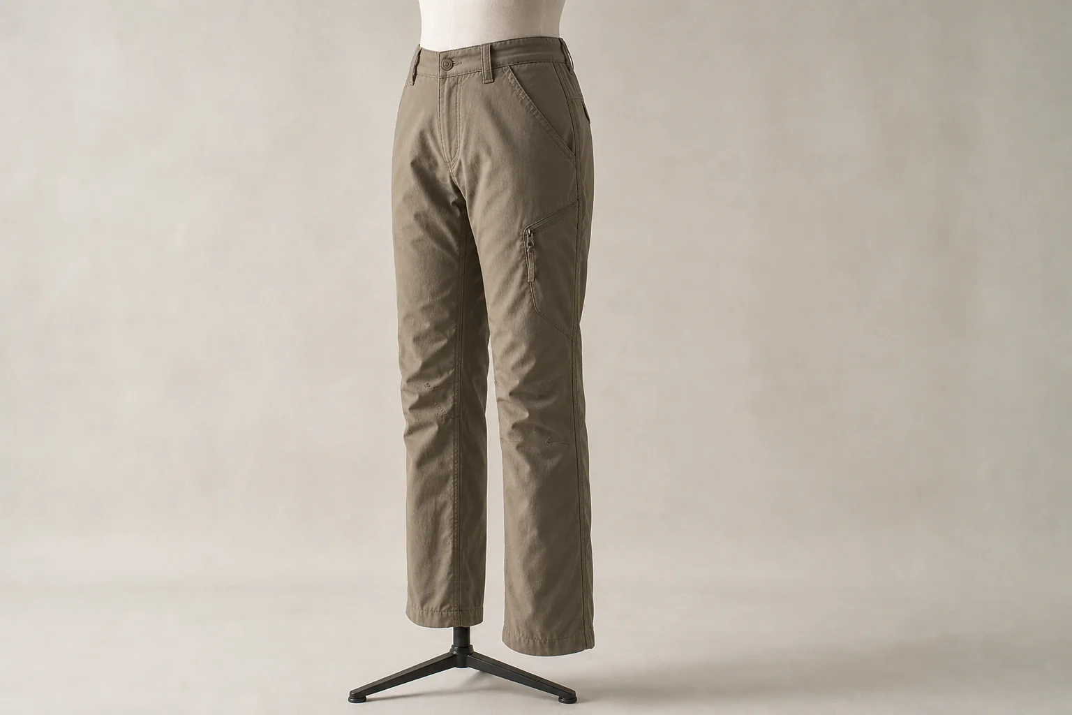 Five hiking pants in different styles displayed side by side on neutral backdrop